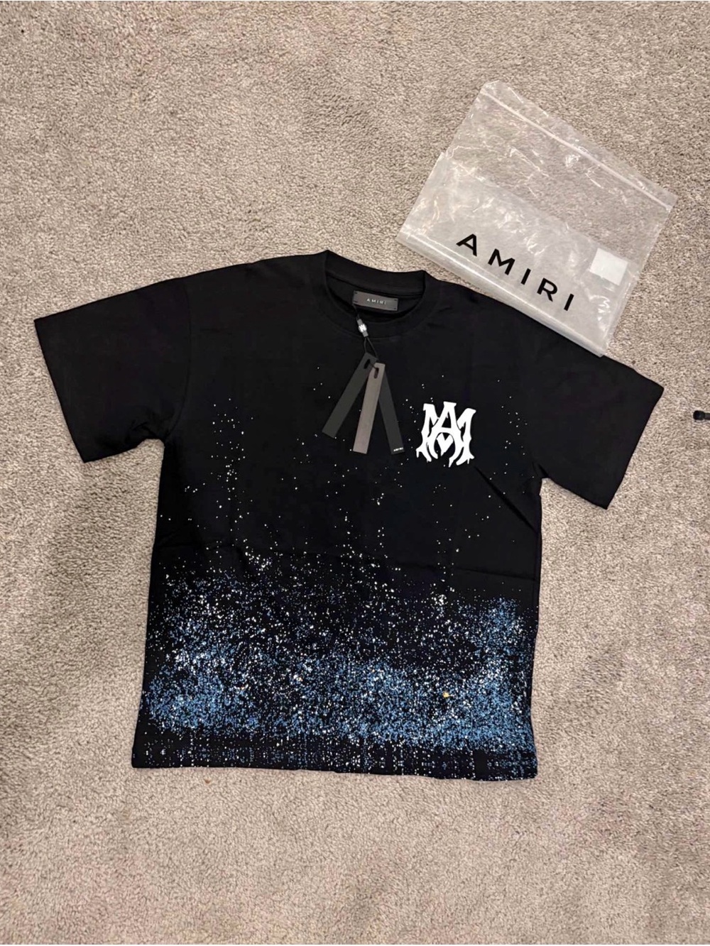 AMIRI Black Kids Short Sleeve Tee with Blue Paint-Splatter and White Logo